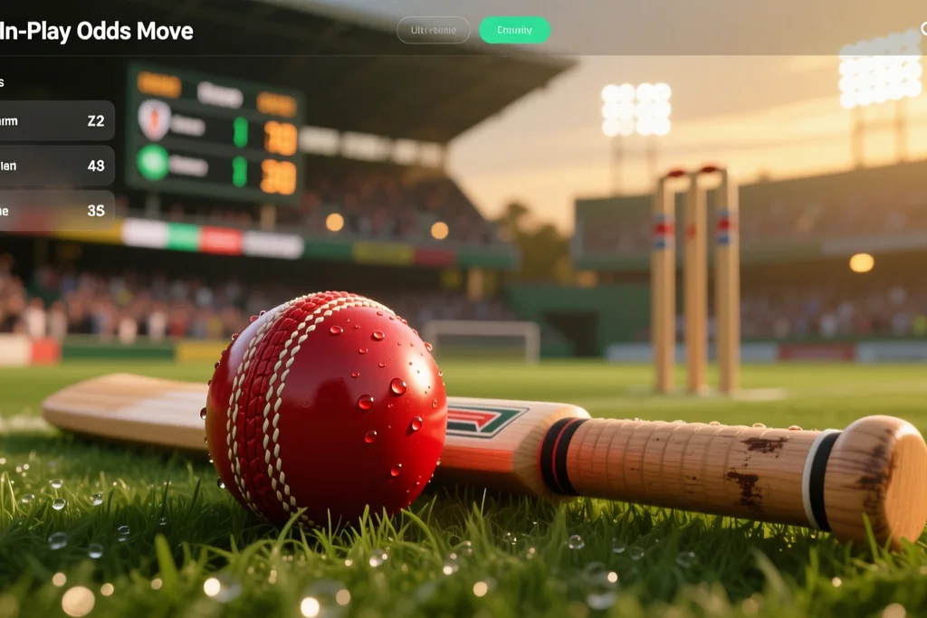Cricket match in progress under floodlights with a betting screen in front