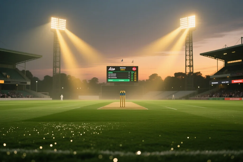 Cricket scoreboard and players on the field during a match