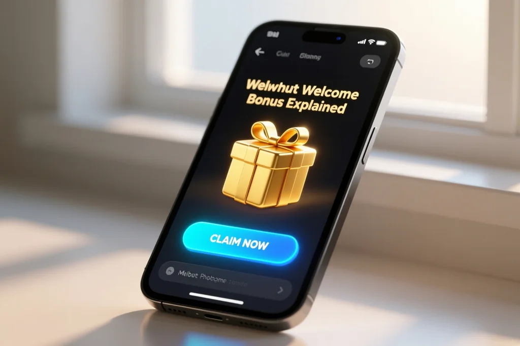 Smartphone showing a welcome bonus banner with a gift symbol