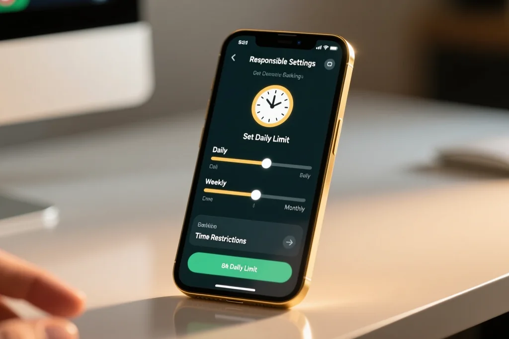 Hands resting calmly beside a phone showing a time limit setting
